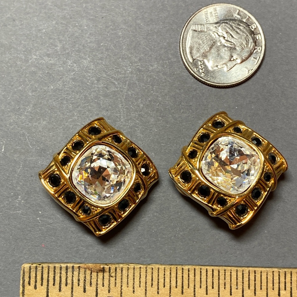Vintage Swarovski Gold and Black Crystal clip statement Earrings - Picture 2 of 4